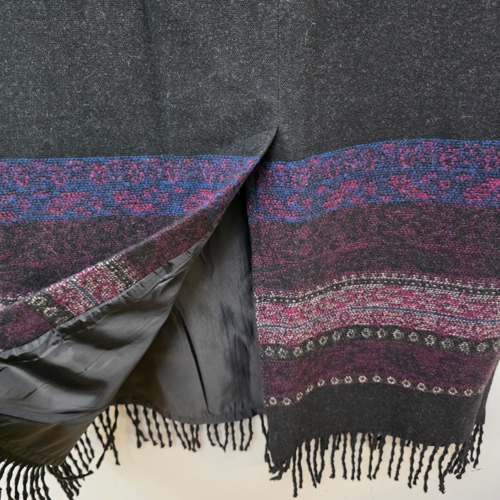 CC Hughes Women's Size 10 Black Wool Blend Fringe Hem Ethnic Print Midi Skirt - Picture 4 of 8